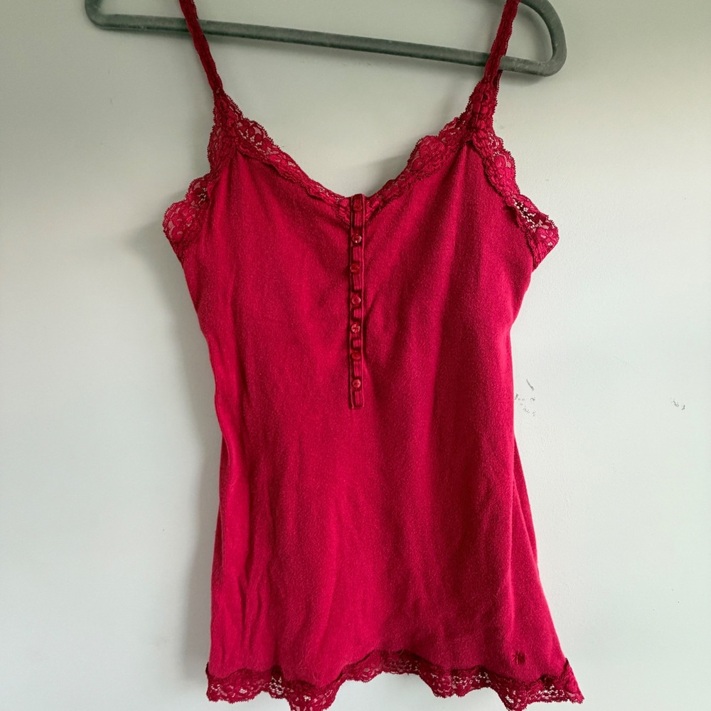 Y2K SO Lace Henley Cami Top Women XL Red Stretch Coquette Indie Sleeze Elena